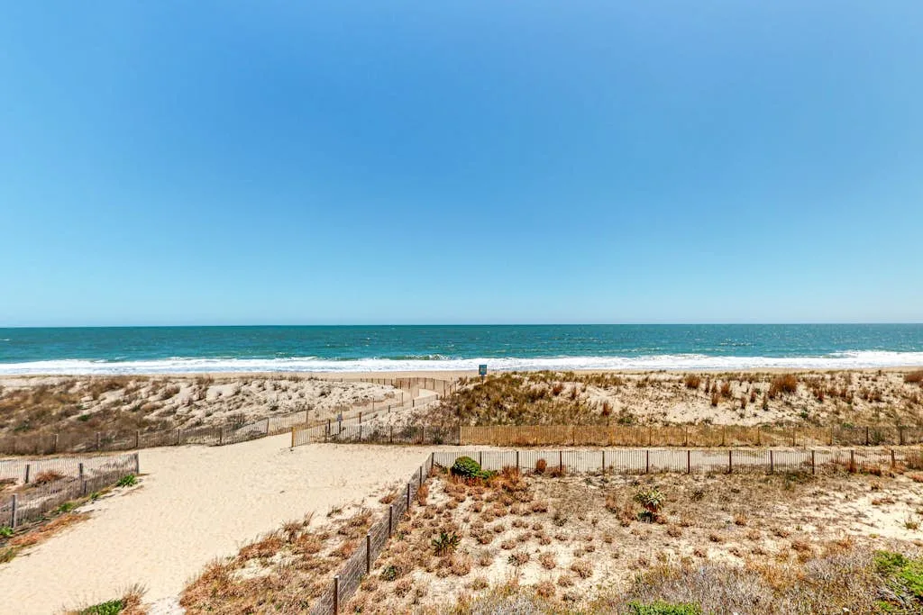 A sandy path crosses coastal dunes toward the ocean.