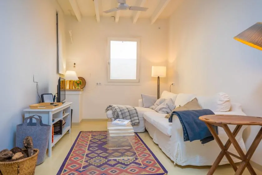 A bright living room with white seating and a colorful patterned rug.