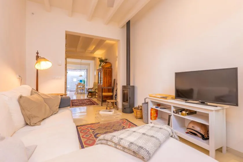 Una sala luminosa con asientos, un televisor y una estufa independiente.