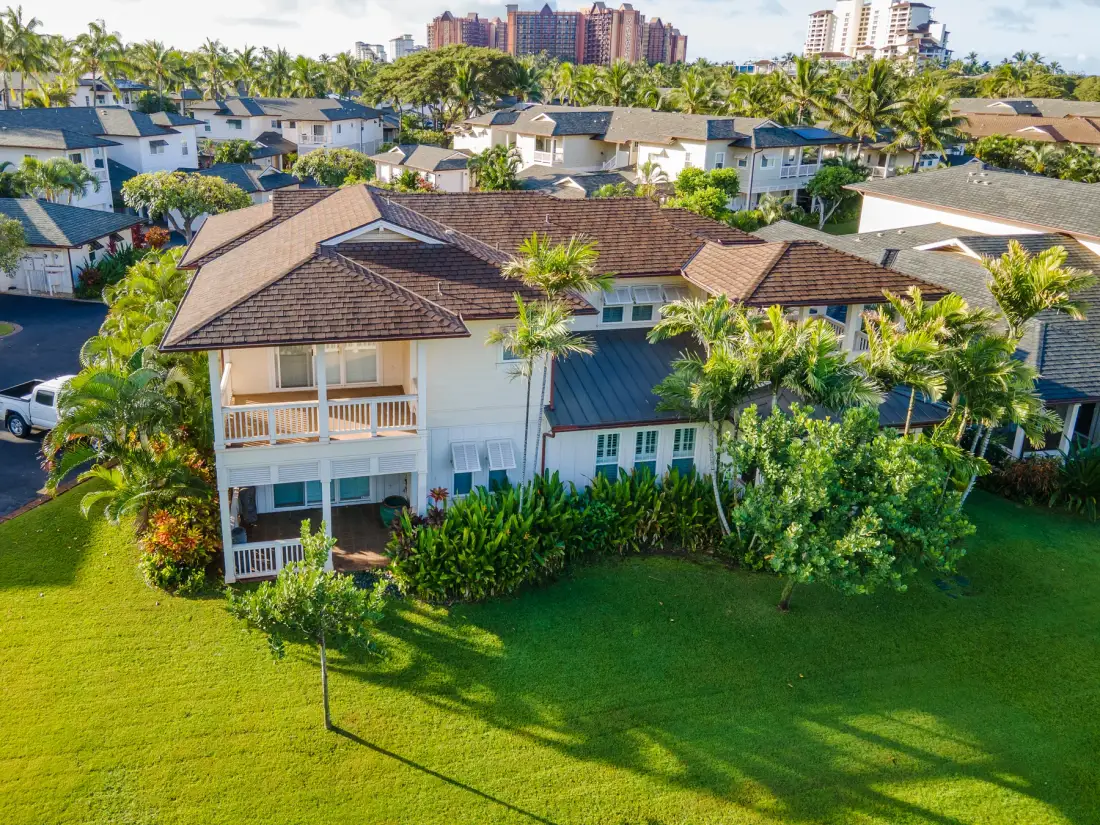 Aerial view of residential houses with palm trees and green lawns.