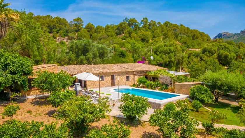 A countryside house sits among trees beside a swimming pool.