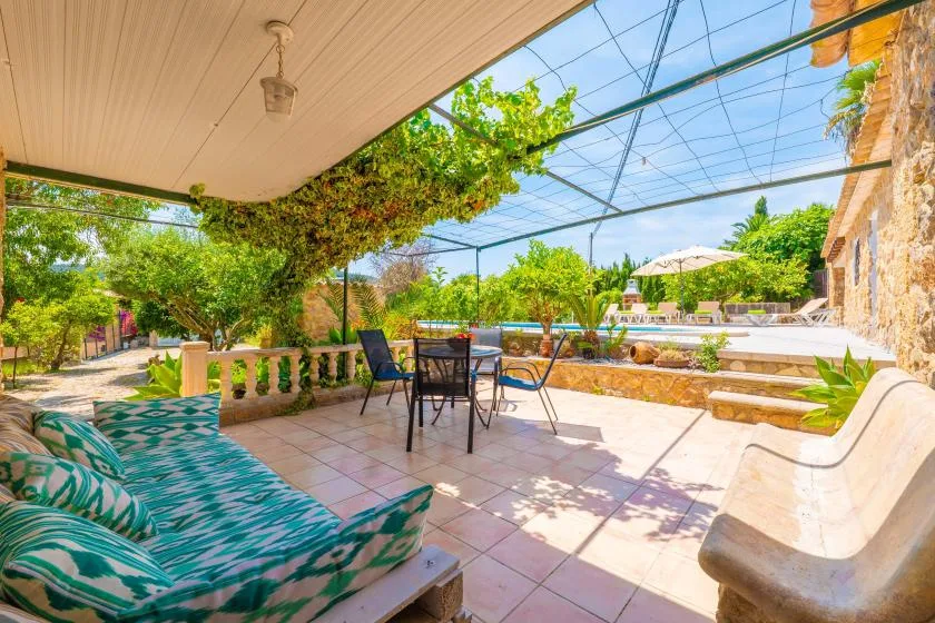 A sunny outdoor patio has seating beneath a leafy pergola beside a pool.