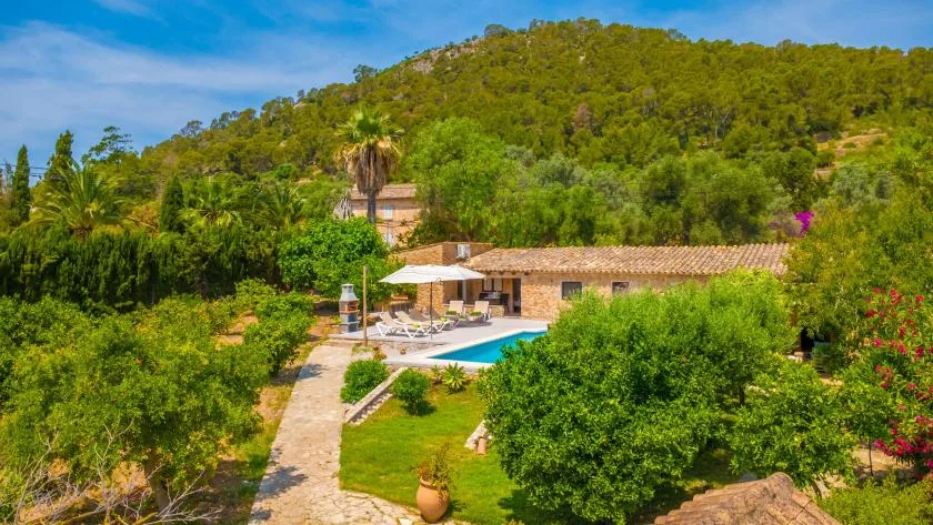 A house and swimming pool sit among lush greenery beneath a wooded hillside.