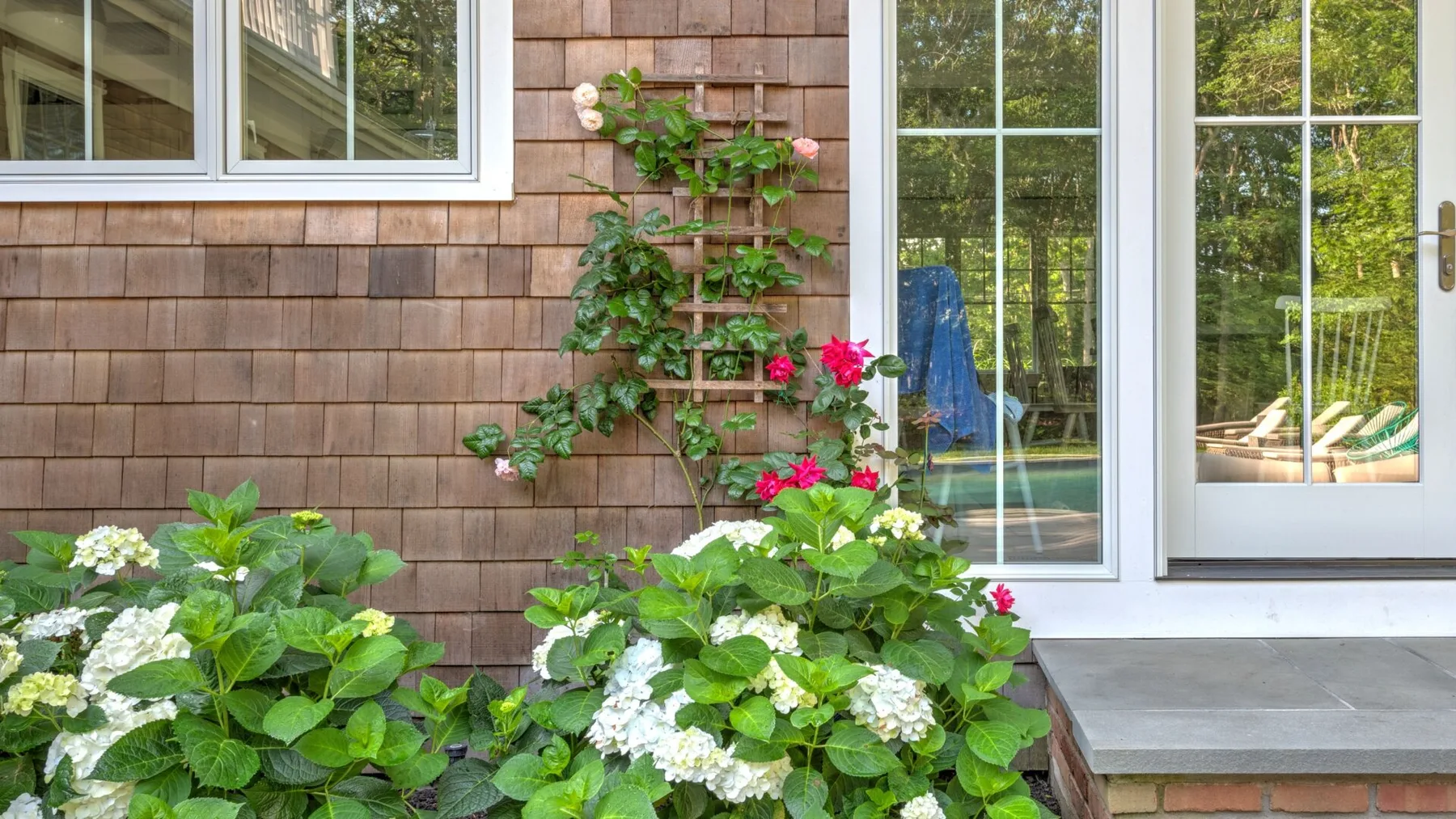 Un jardín junto a una casa tiene plantas frondosas y una puerta de vidrio.
