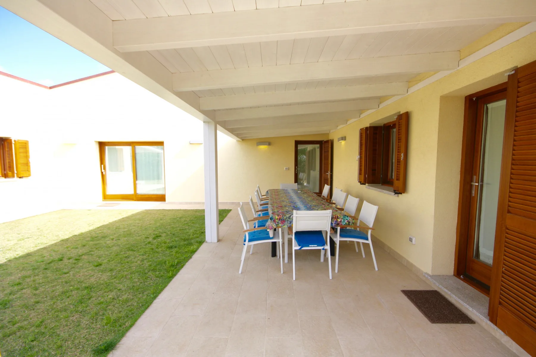 Un patio cubierto con una mesa de comedor y sillas junto al césped.