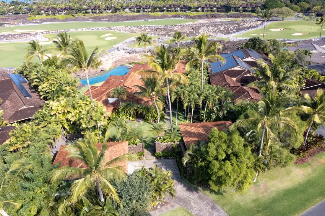 Aerial view of tropical resort buildings among palm trees beside landscaped grounds.