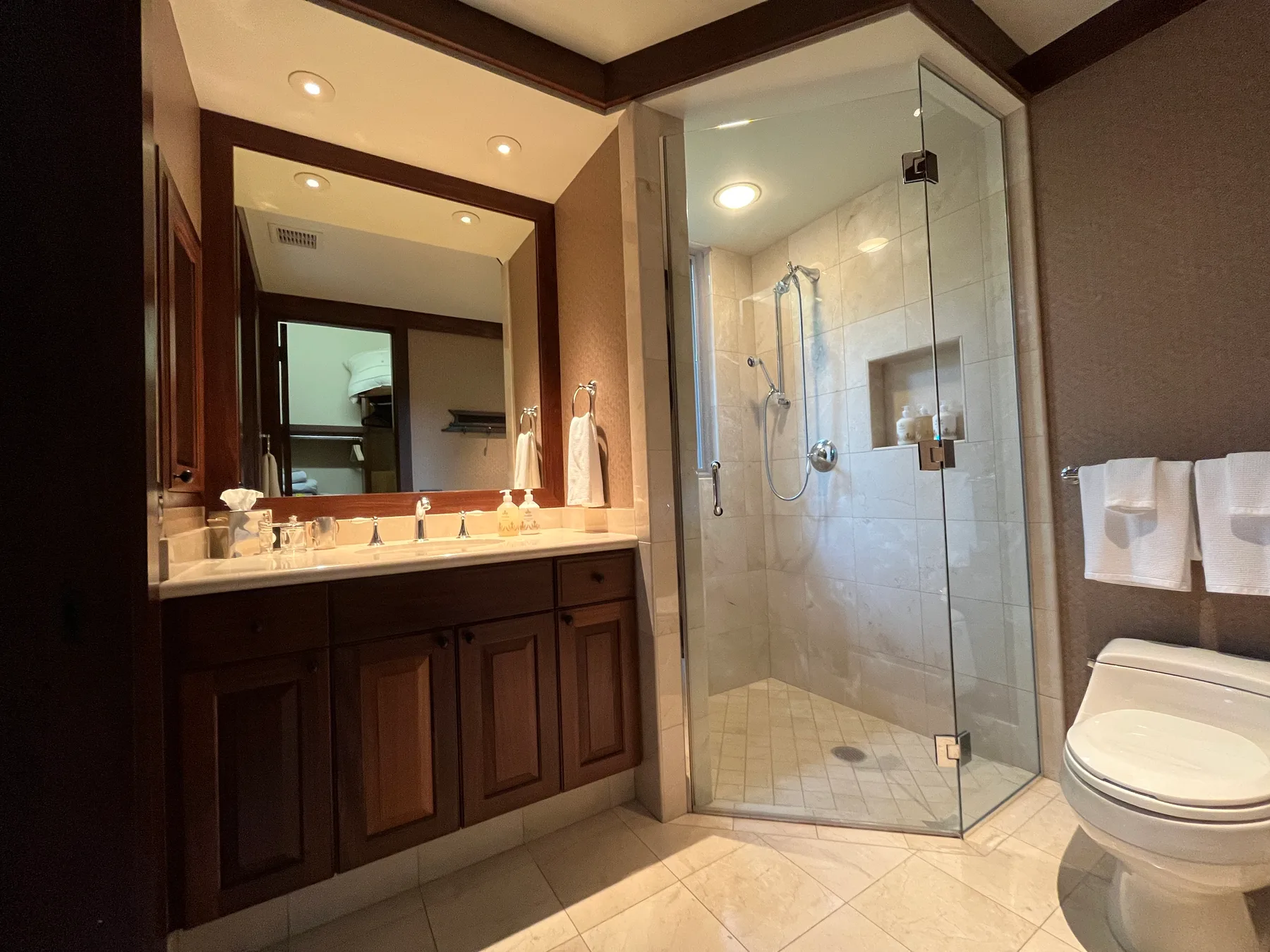 A bathroom with a vanity, glass shower, and toilet.