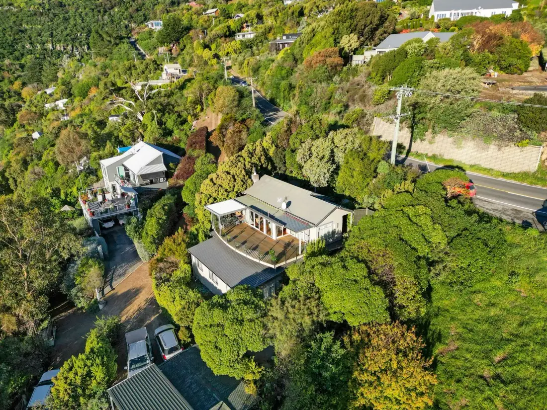Vista aérea de casas rodeadas de árboles y vegetación cerca de una carretera en Kaioruru View Diamond Harbour