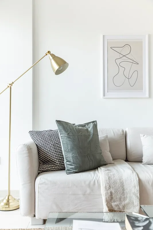 A bright living room with a light-colored sofa, cushions, and a floor lamp.