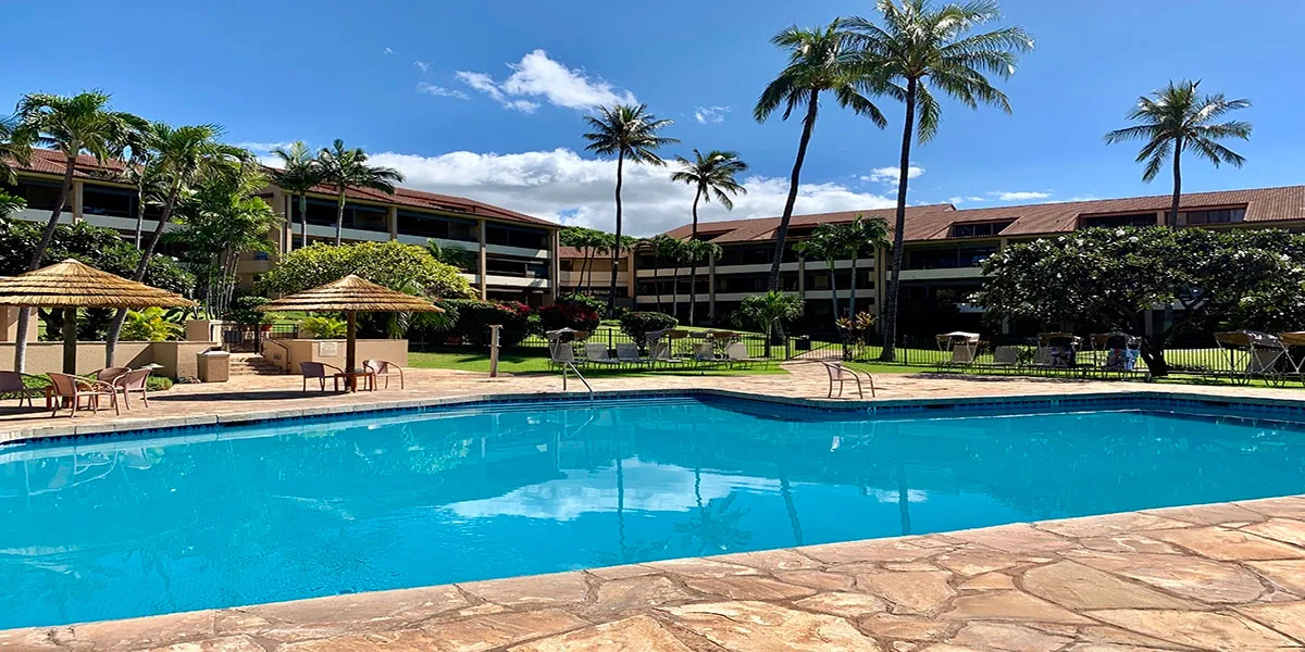 Una piscina está frente a un edificio de varios pisos, bajo palmeras.