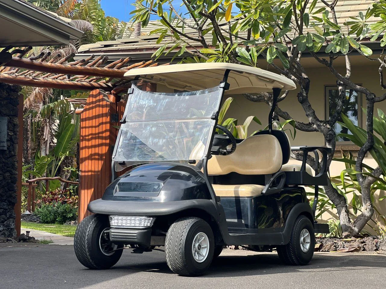 Un carrito de golf está estacionado en un camino pavimentado junto a un jardín frondoso.