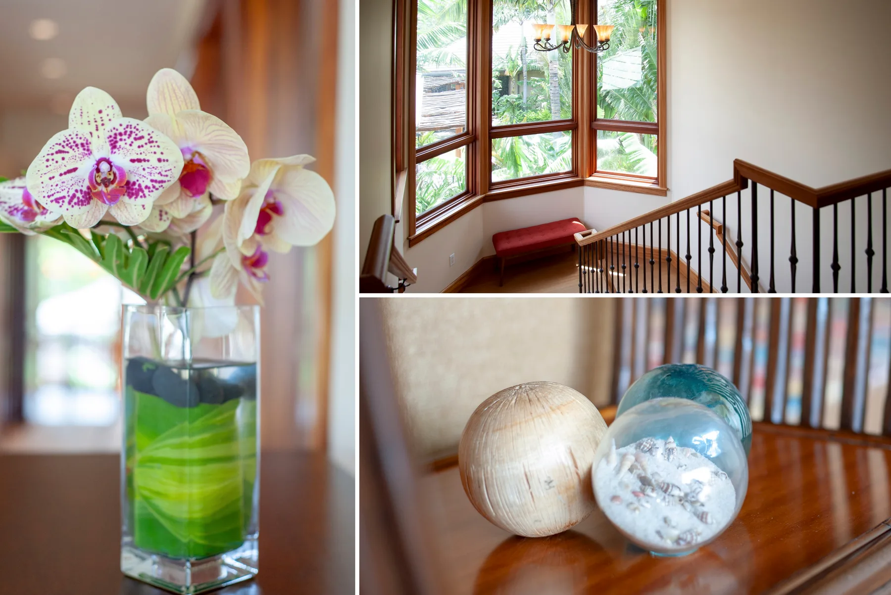 Un collage interior muestra orquídeas en un florero de vidrio, un descanso de escalera y esferas decorativas.
