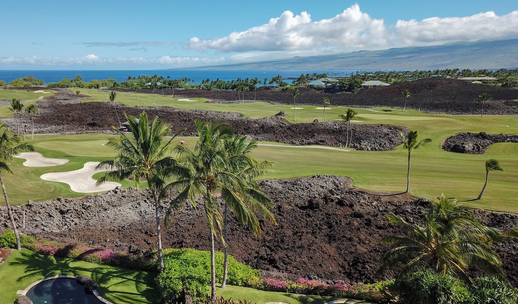Un campo de golf se extiende por el paisaje, con palmeras y vistas al mar.