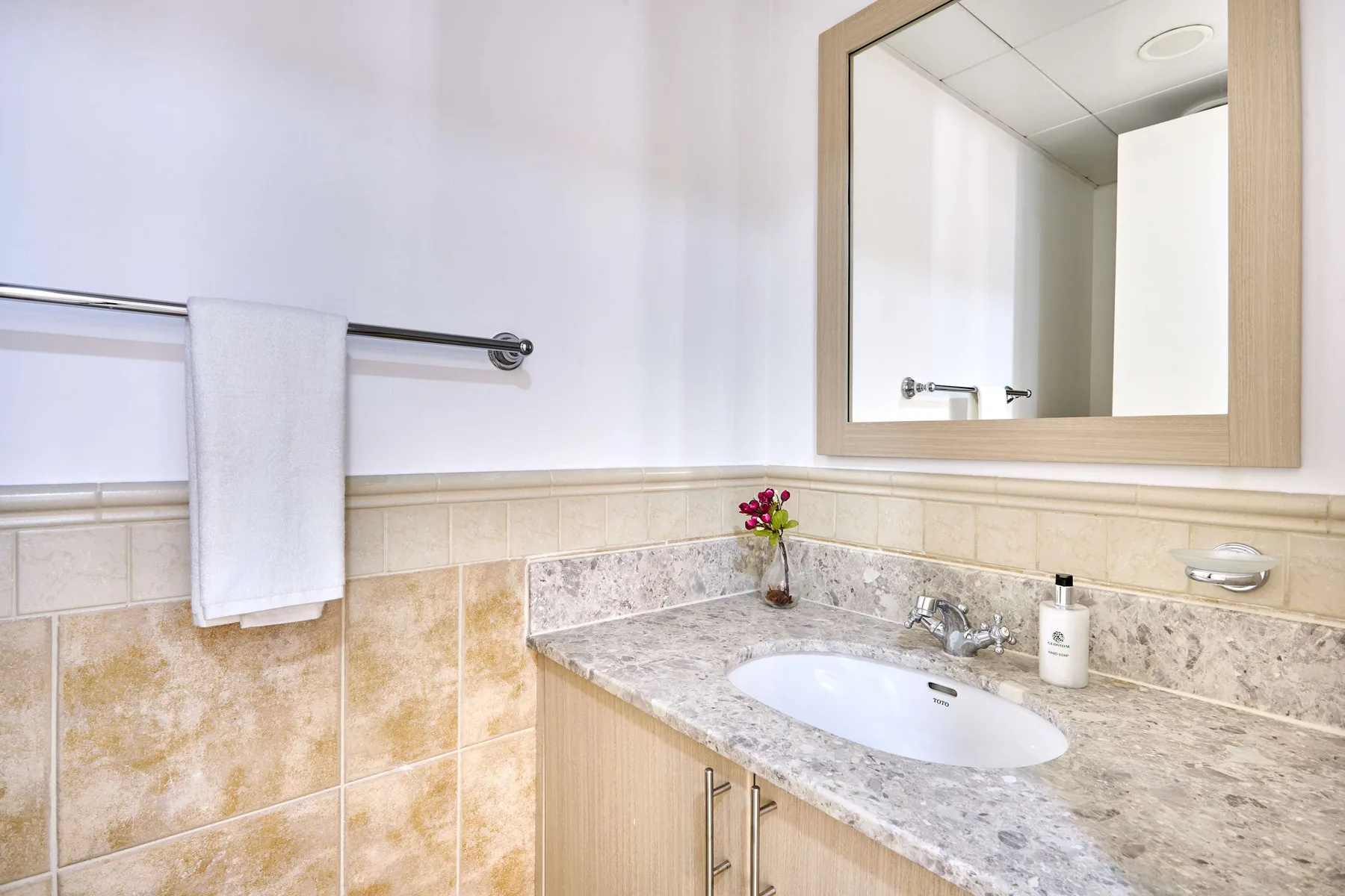 Un lavabo de baño con espejo y toallero.