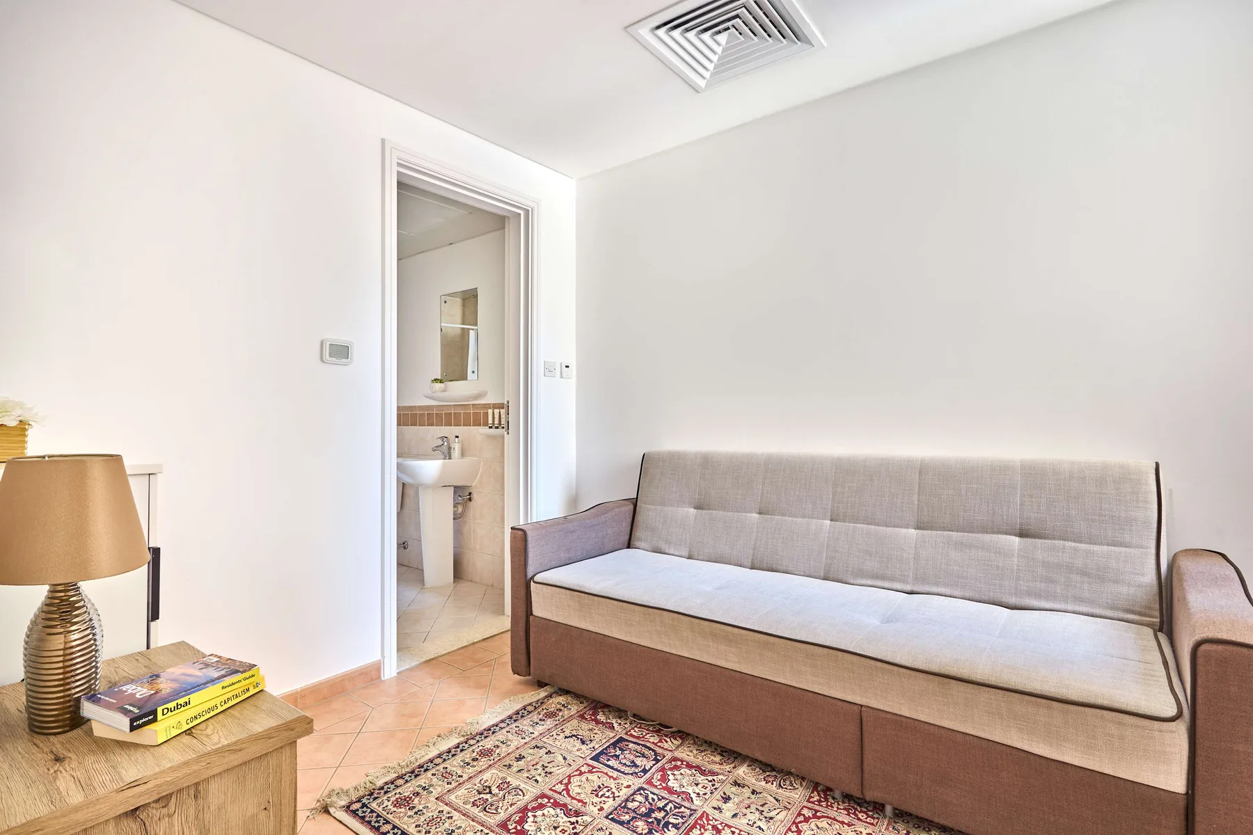 Una sala de estar luminosa con un sofá largo tapizado y una alfombra estampada.