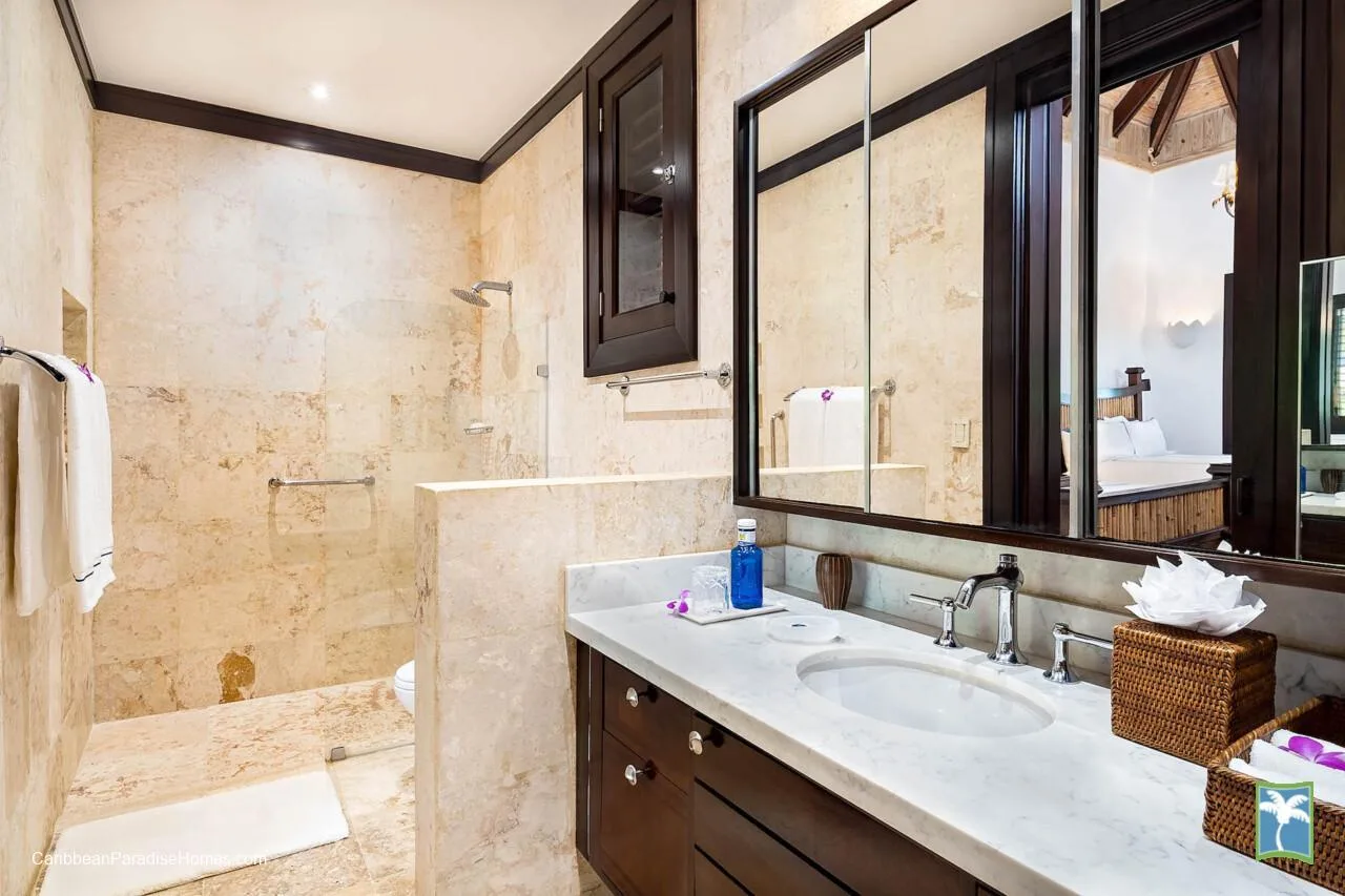 Un lavabo con espejo junto a una zona de ducha revestida de azulejos.