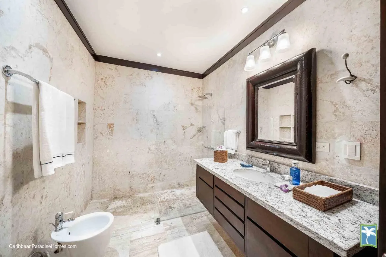 Un baño con un tocador largo, un espejo de pared y una zona de ducha.