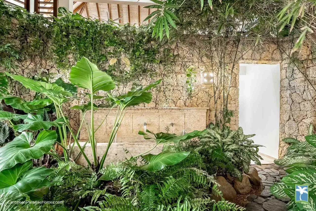 Un jardín interior frondoso con plantas tropicales junto a un muro de piedra y una entrada.