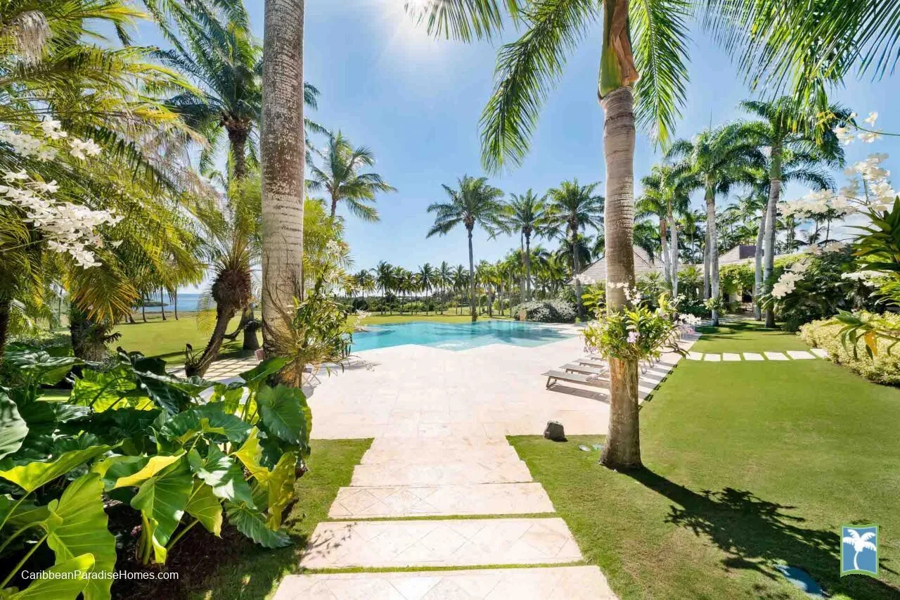 Un sendero de jardín tropical conduce a una piscina, rodeada de palmeras y vegetación.