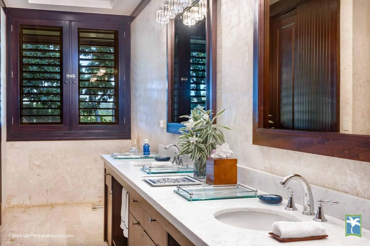 Un tocador de baño con lavabo, encimera y ventanas de marco oscuro.