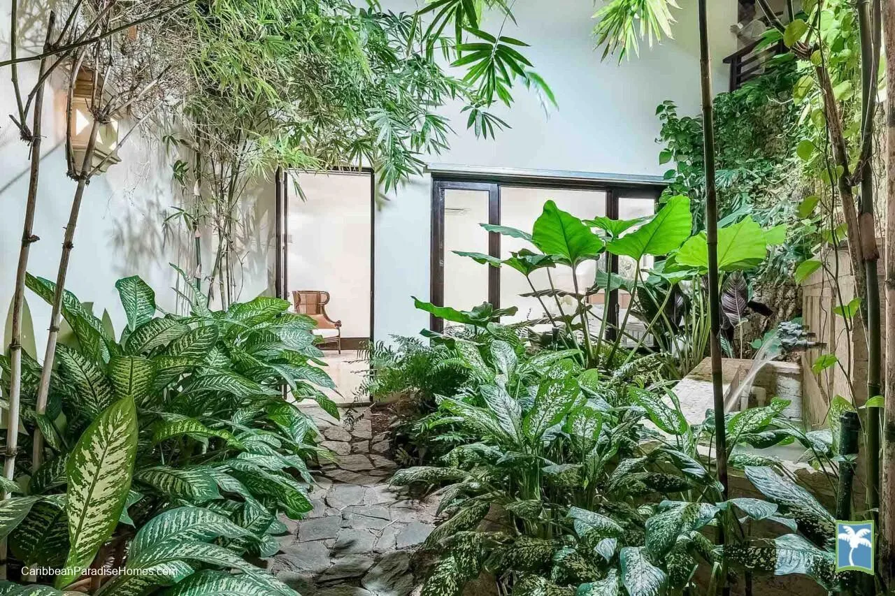 Un jardín interior frondoso con plantas de hojas alrededor de un sendero de piedra.