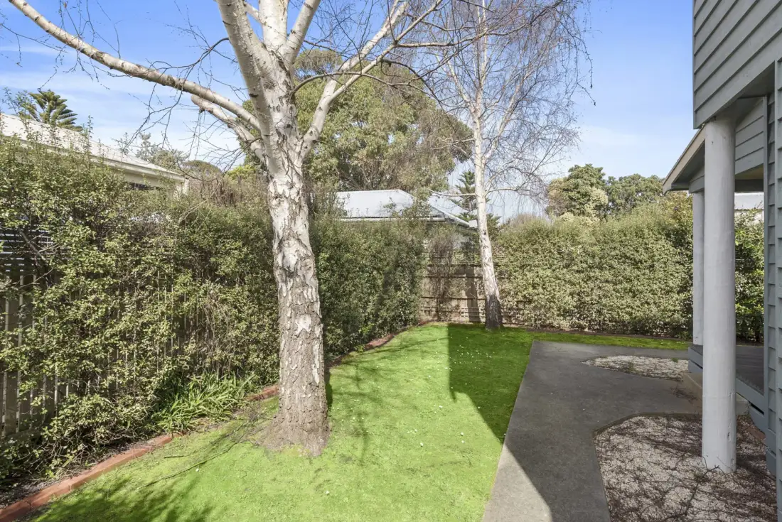 A small garden with a lawn, trees, and a paved patio beside the house.