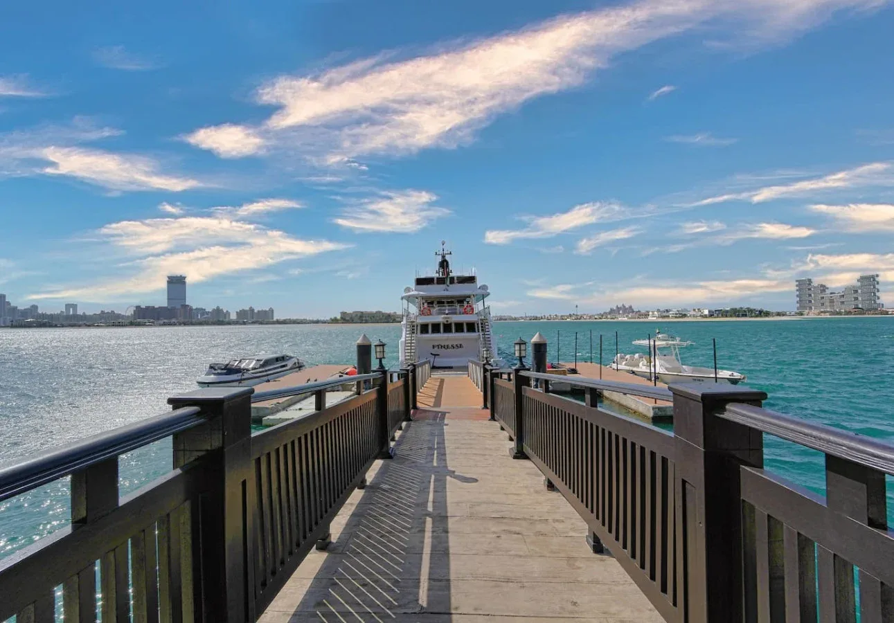 Un muelle de madera se extiende hacia un barco, con agua y un horizonte urbano a lo lejos.