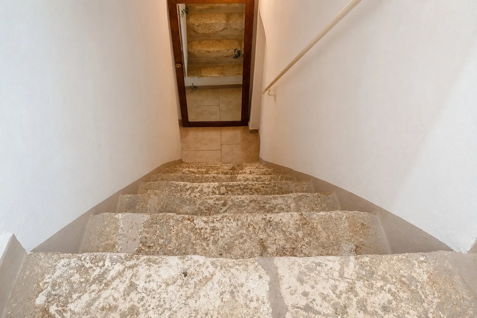 Una escalera de piedra desciende hacia una puerta de madera, con un pasamanos en la pared.