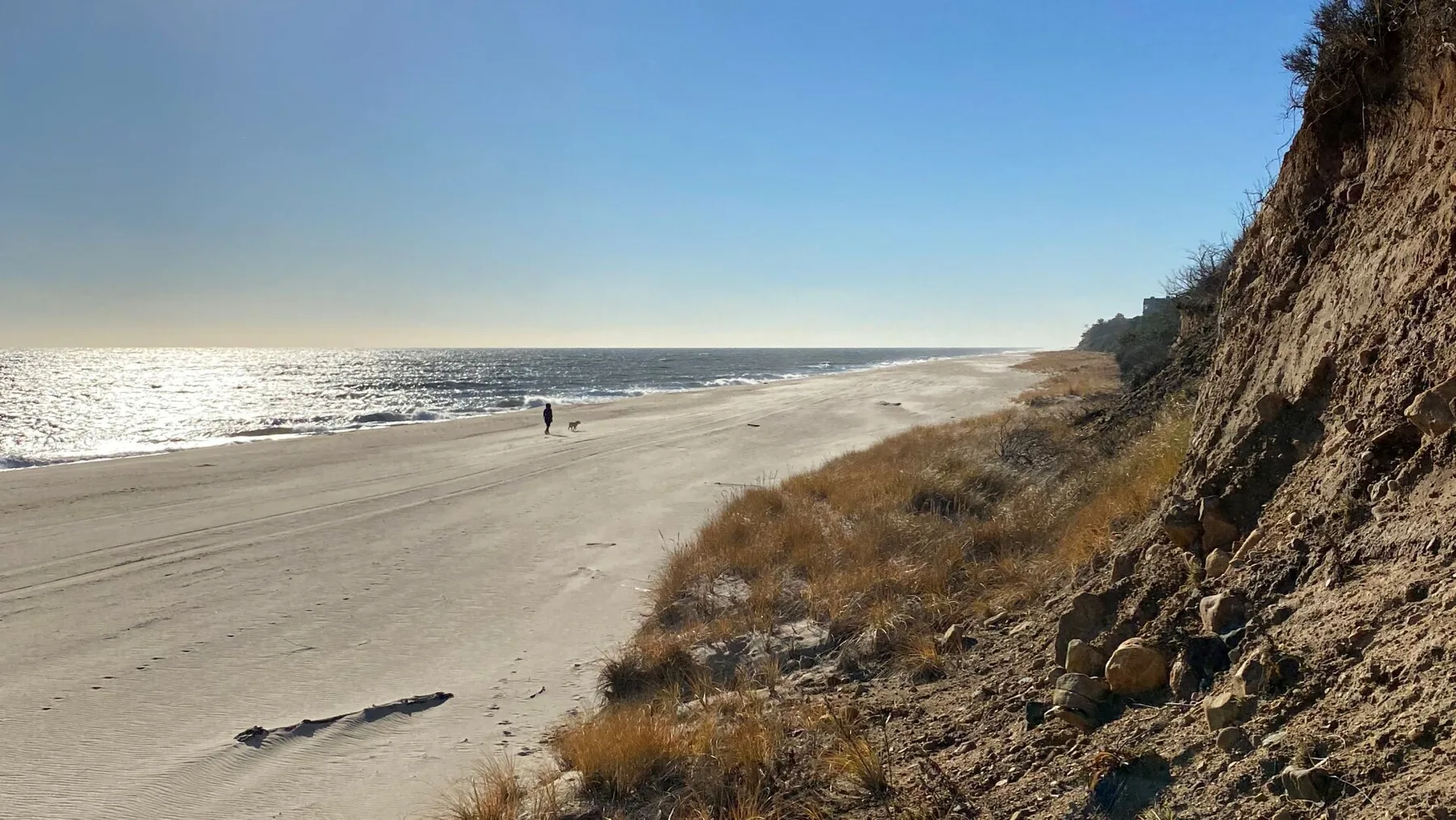 A sandy beach stretches beside the ocean and a steep, grassy bluff.