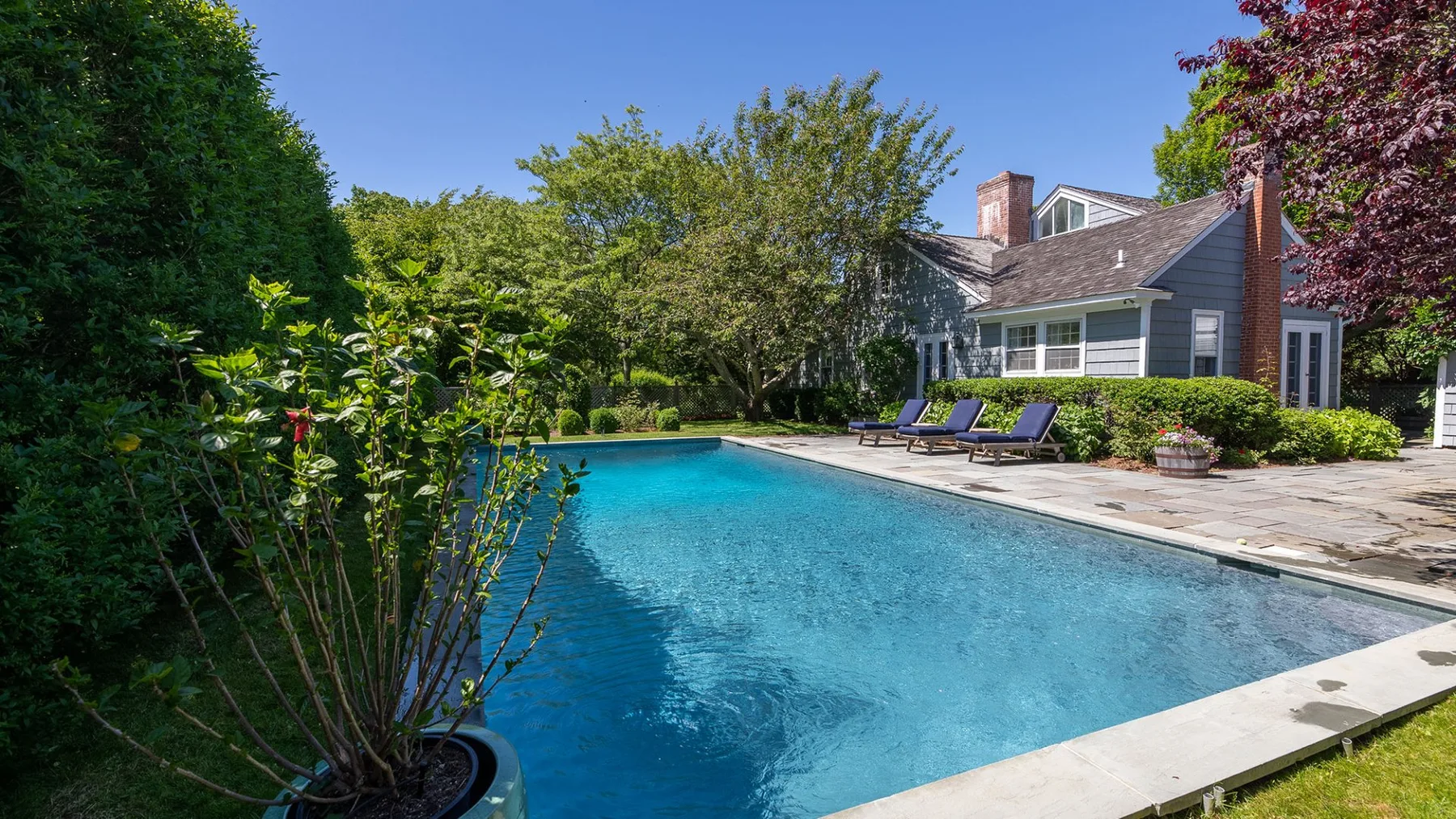 Una piscina exterior está junto a una casa y vegetación ajardinada.