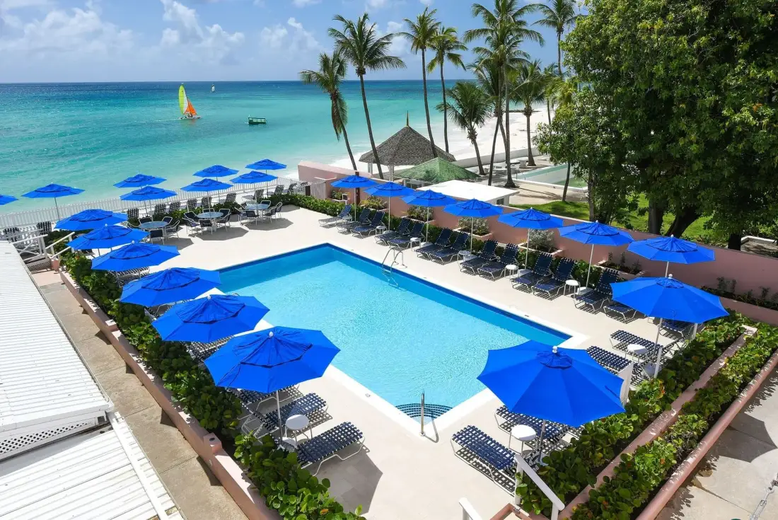 Zona de piscina con sombrillas azules junto a una piscina rectangular y palmeras