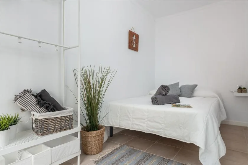 A bright bedroom with a bed, folded blankets, and a tall potted plant.