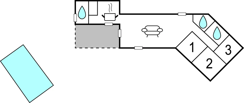 A simple floor plan shows a central seating area, bathroom fixtures, and adjoining rooms.