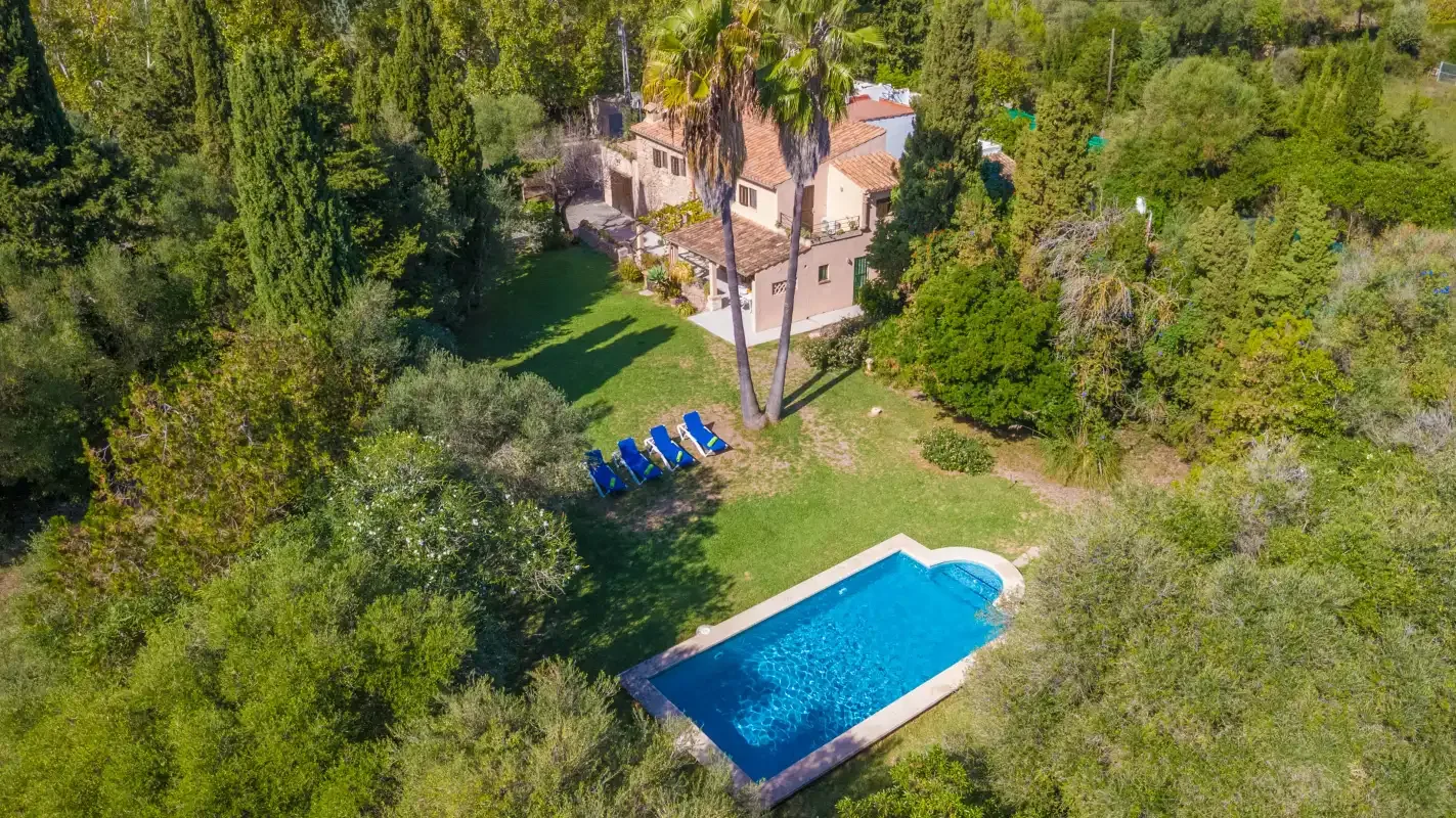 An aerial view shows a house, swimming pool, and surrounding greenery.