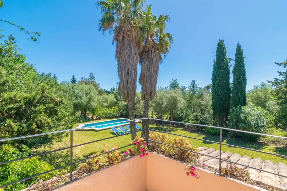 A balcony overlooks a garden with a swimming pool and tall trees.