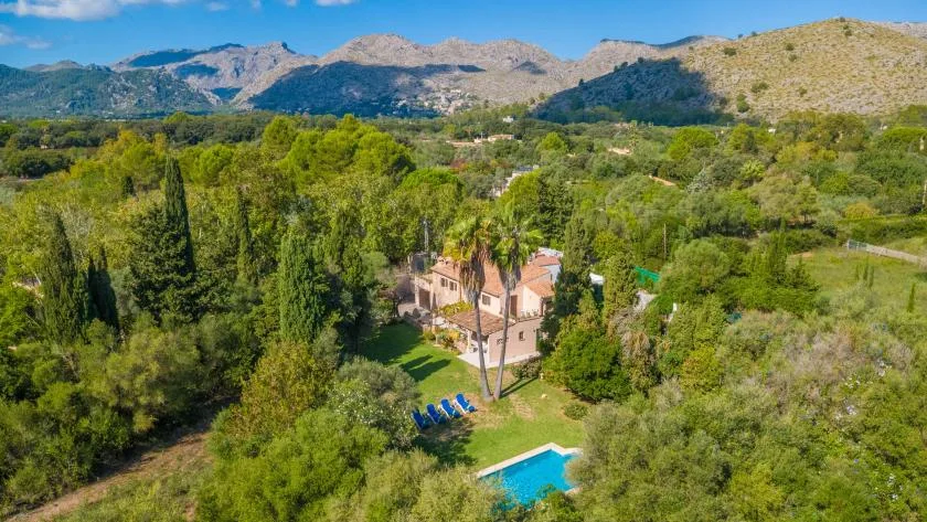 Aerial view of a house and swimming pool amid wooded grounds, with mountains in the distance.