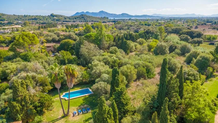 Aerial view of a green landscape with a swimming pool and distant hills.