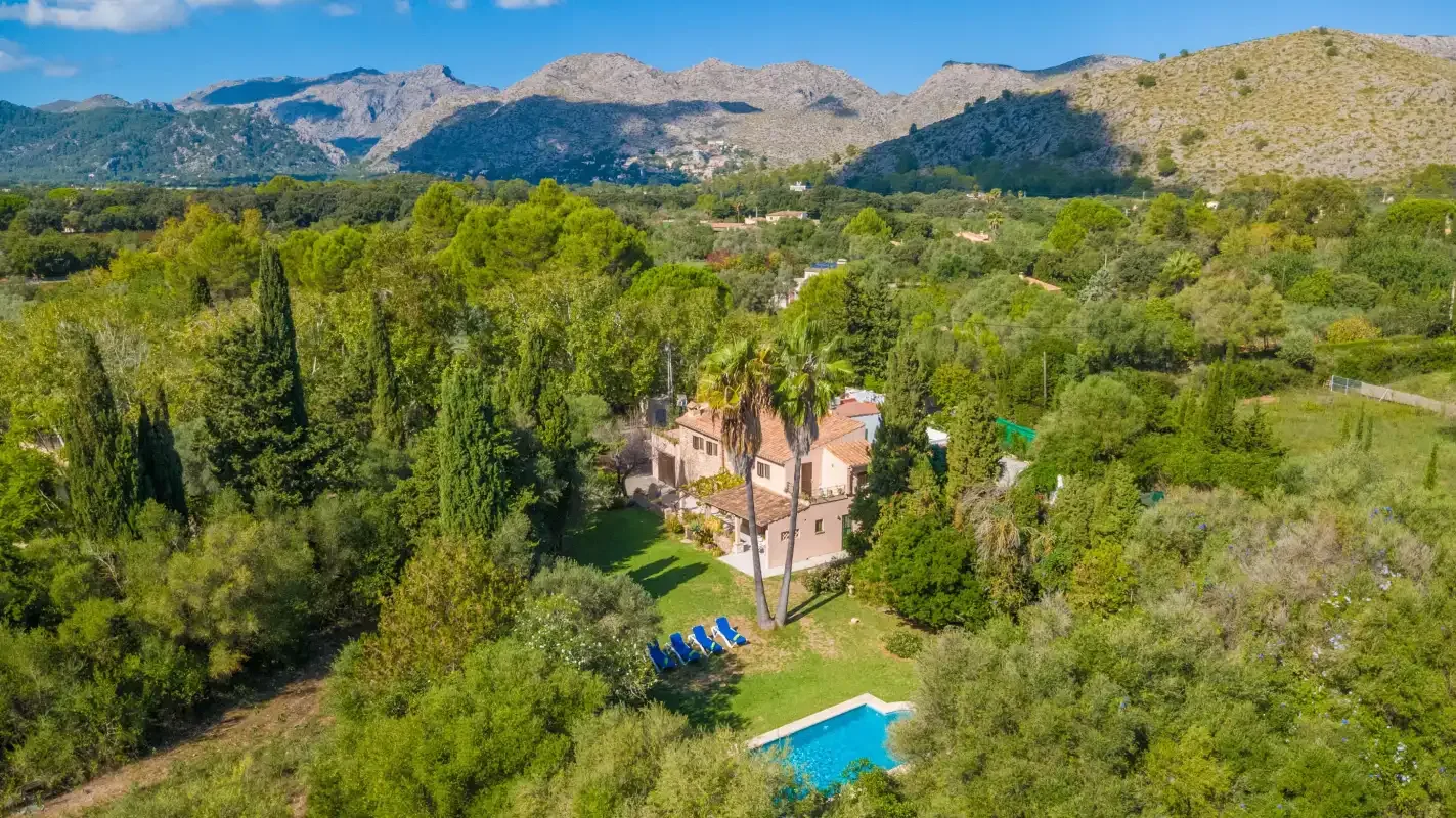 An aerial view of a house and swimming pool surrounded by trees, with mountains in the distance.