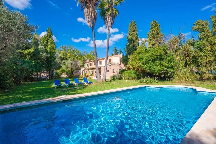 A swimming pool sits beside a grassy garden with lounge seating and trees.