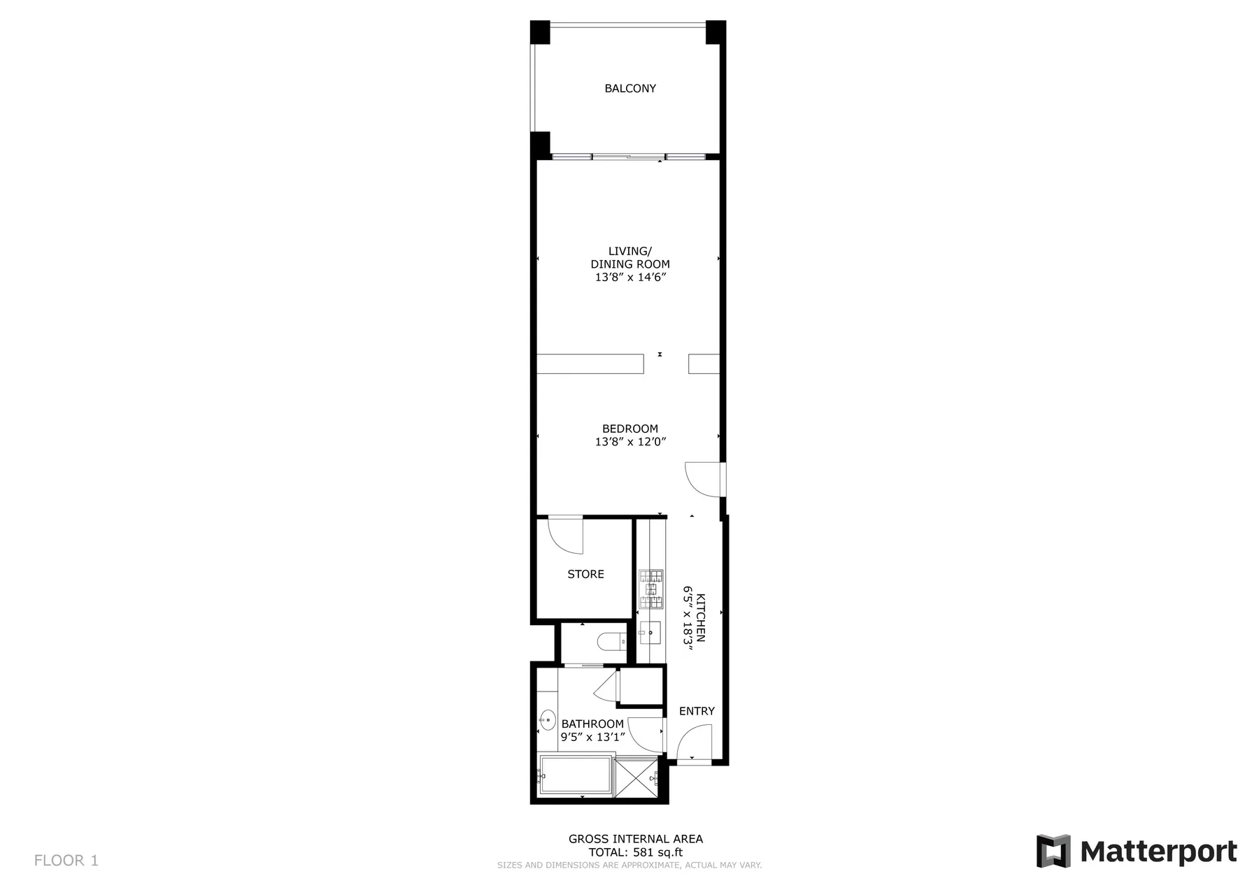 Un plano muestra la distribución de un apartamento estrecho con balcón, sala-comedor, dormitorio y baño.