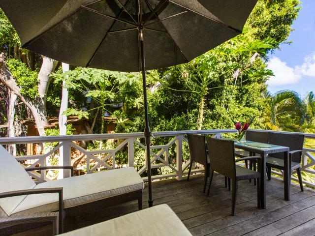 An outdoor deck with seating, a dining table, and a large umbrella overlooks leafy trees.