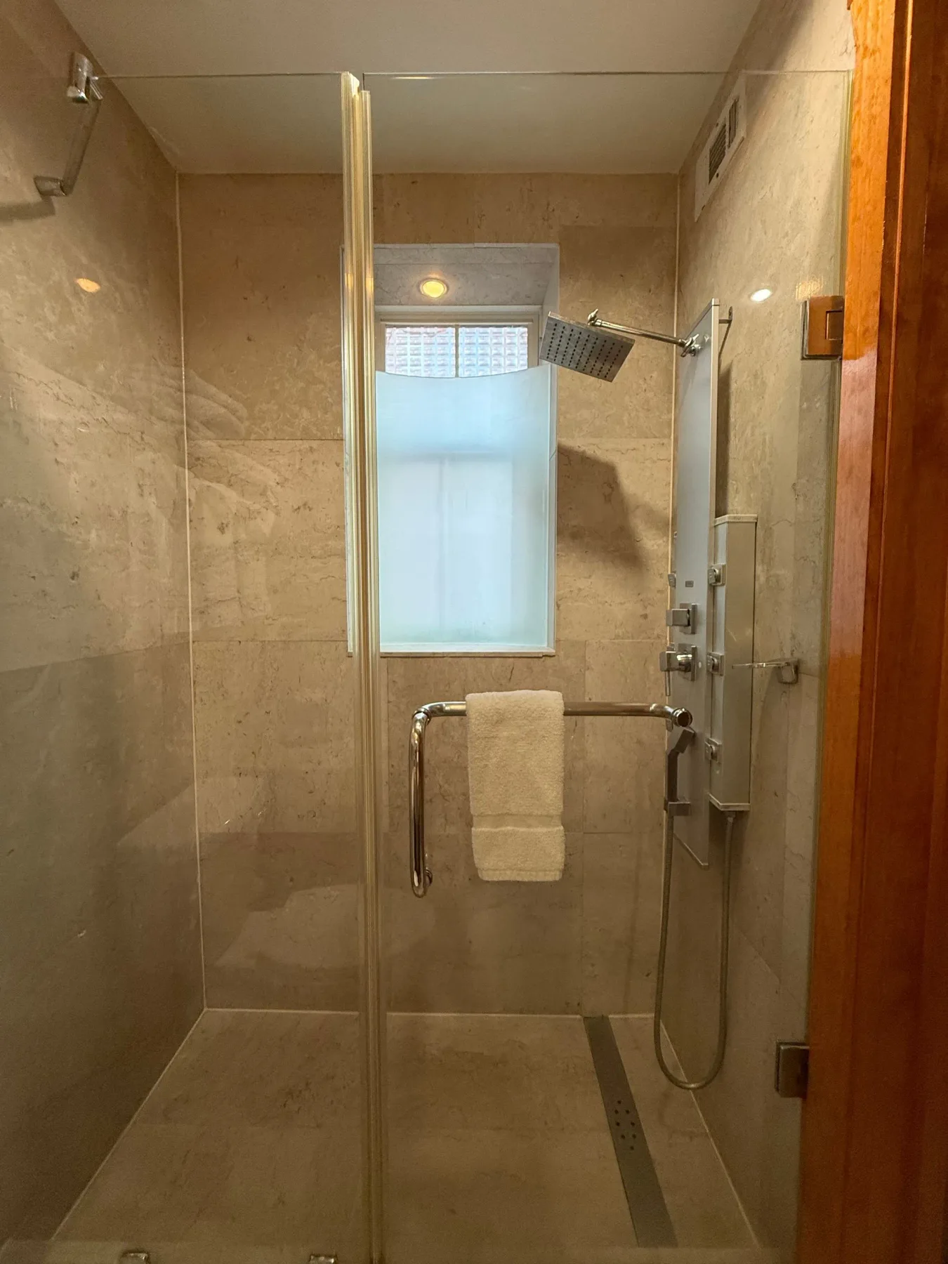 Ducha con puerta de vidrio y barra de apoyo.