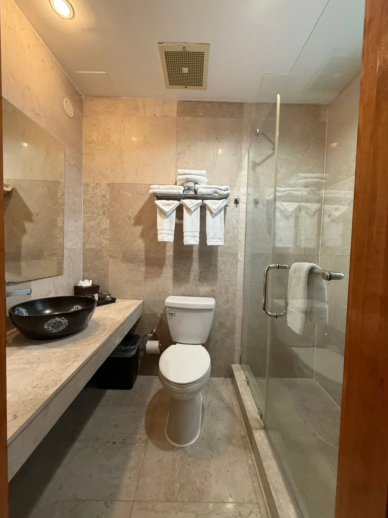 Baño con ducha de vidrio y lavabo sobre encimera.