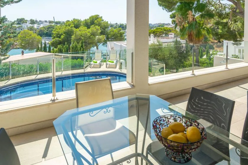 A glass dining table and seating overlook a pool and leafy trees.