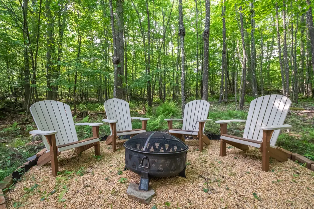 Outdoor seating area with a fire pit among trees.