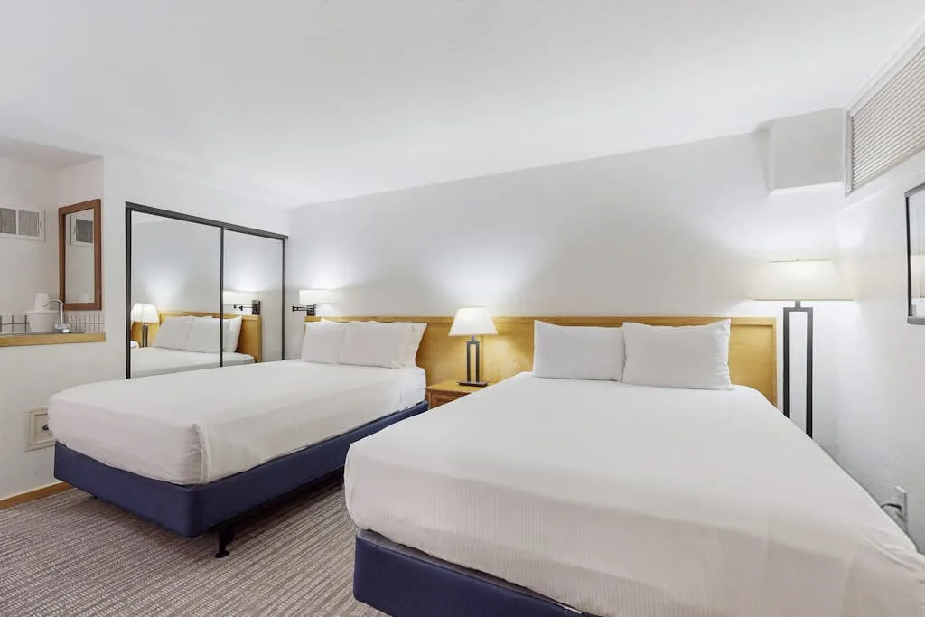 A bright bedroom with two beds and bedside lamps.