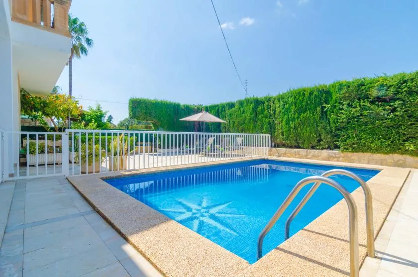 An outdoor swimming pool sits beside a paved patio and tall green hedges.