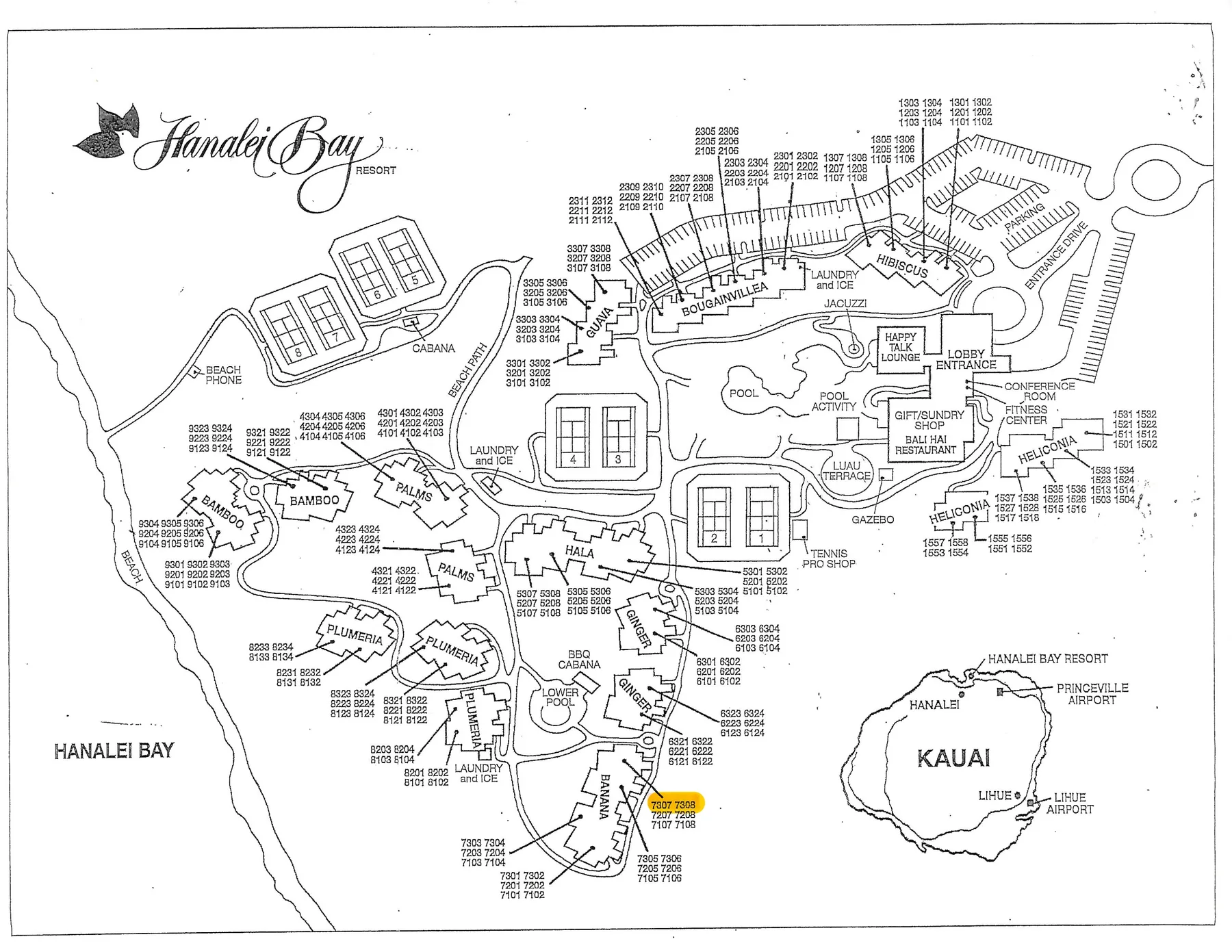 A printed resort site map shows building layouts, pools, and labeled areas.