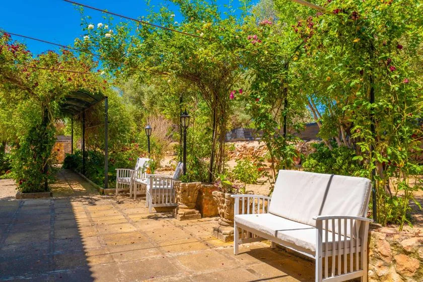 Un patio ajardinado con asientos blancos bajo enredaderas y árboles frondosos.