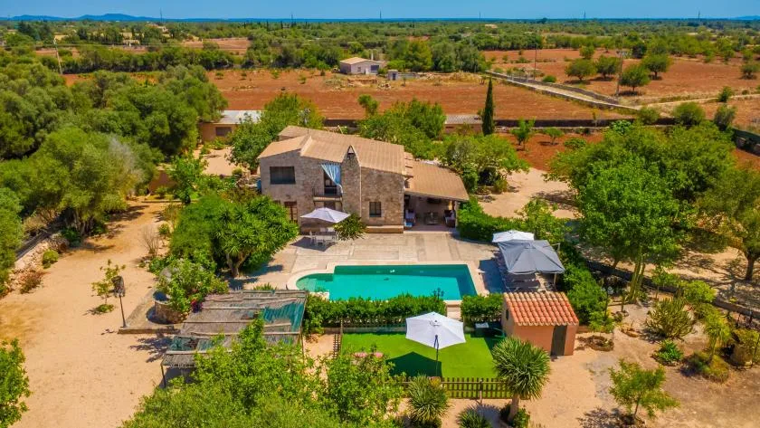 Vista aérea de una casa de piedra y una piscina entre árboles y campo seco.